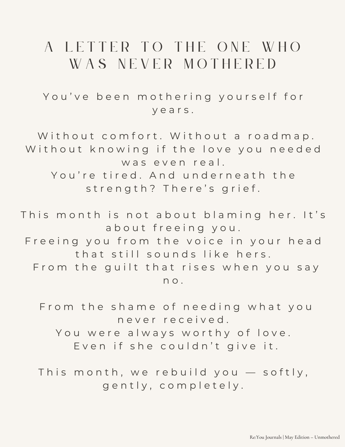 Unmothered guided healing journal — 30-day digital download for the woman who had to mother herself, reclaim softness, and heal unmet needs