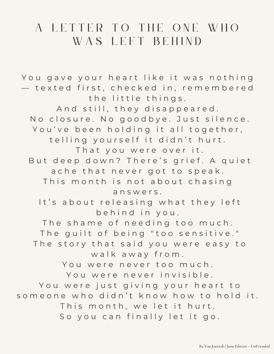 “Daily journal prompt page from Unfriended, featuring reflection questions and affirmations to process emotional abandonment”