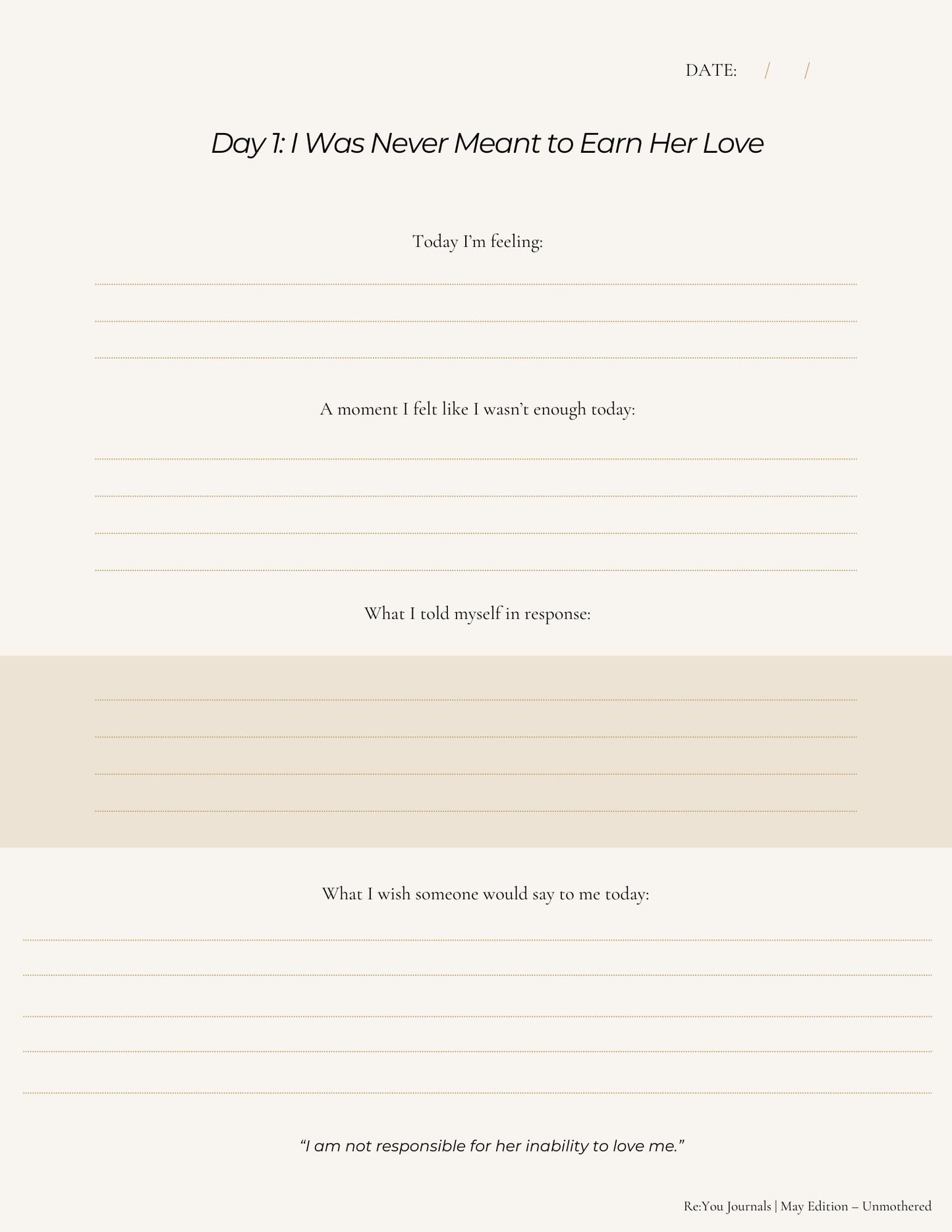 Unmothered guided healing journal — 30-day digital download for the woman who had to mother herself, reclaim softness, and heal unmet needs