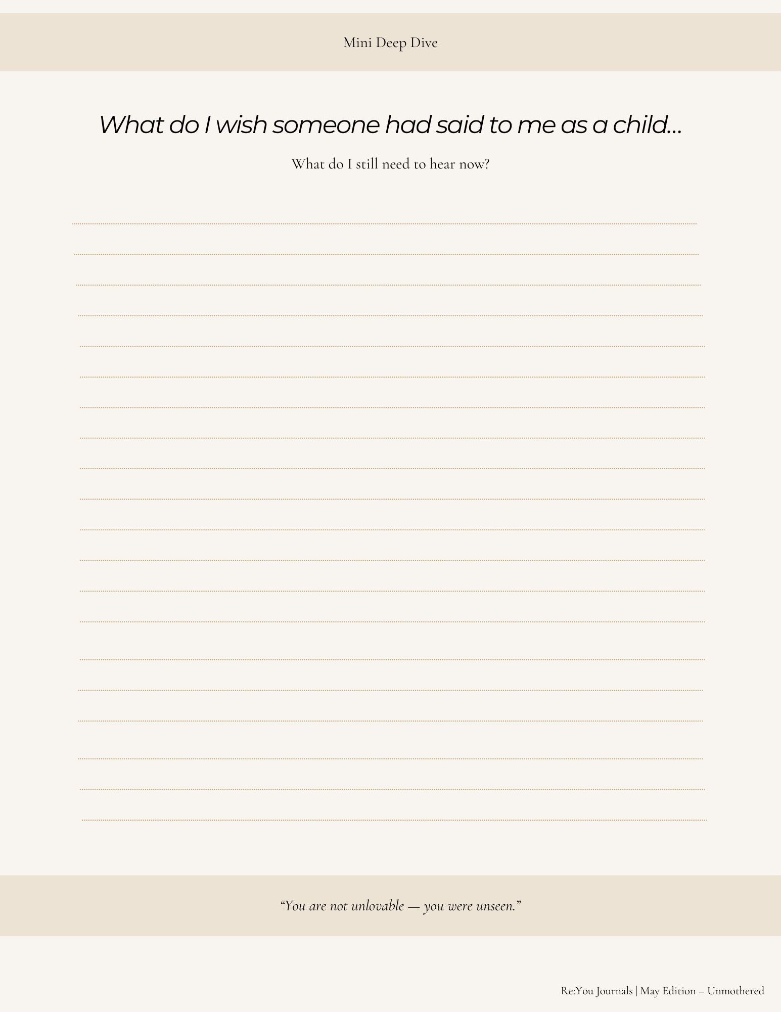Unmothered guided healing journal — 30-day digital download for the woman who had to mother herself, reclaim softness, and heal unmet needs